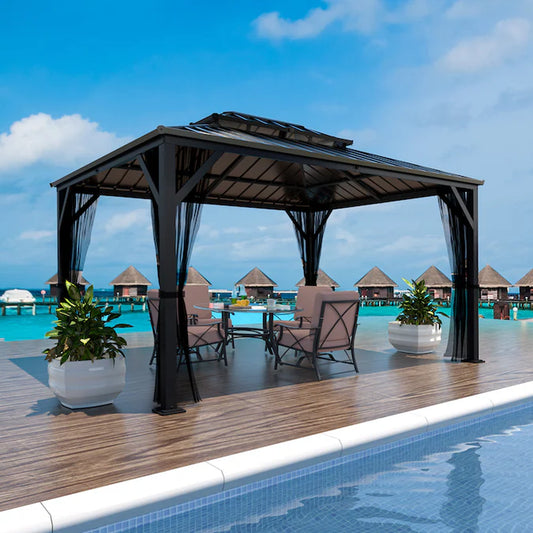 12-Ft X 10-Ft Hardtop Black Gazebo with Hardtop Roof (Screen Included)